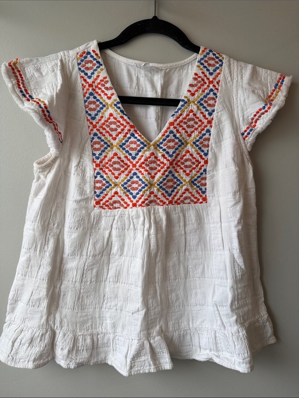 THML White V-Neck Top with Multicolor Diamond Embroidery cotton small